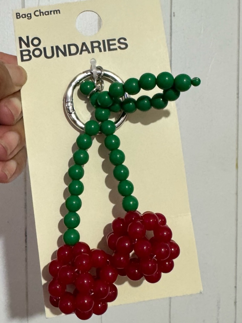 No Boundaries Green and Red Beaded Cherry Keychain Charm